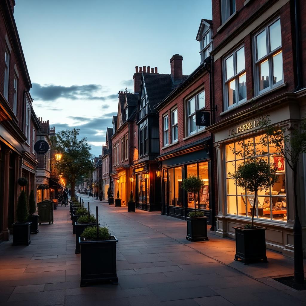 Alderley Edge village high street in Cheshire at dusk with upscale boutique shopfronts and tree-lined pavements