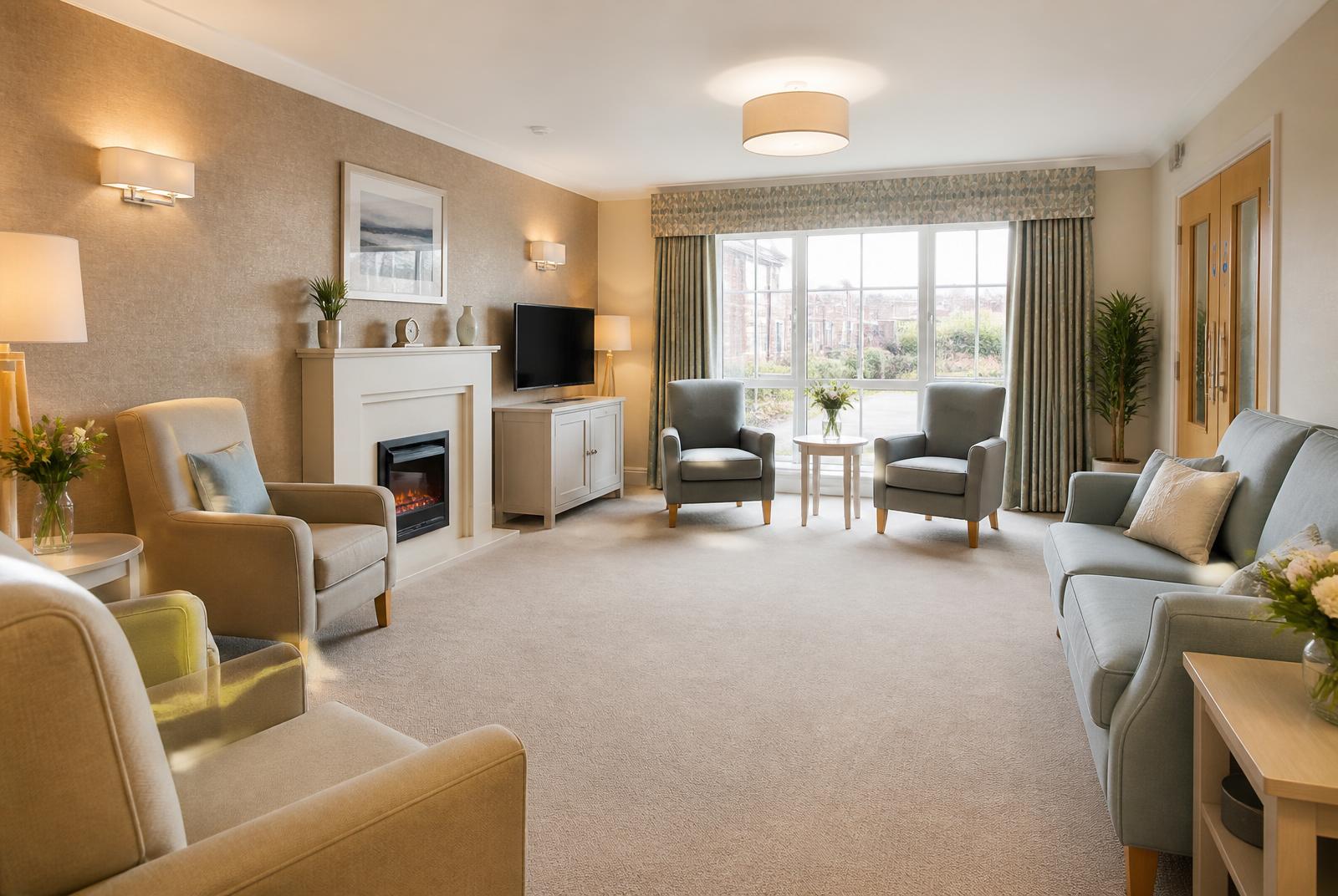 Spotlessly cleaned care home communal lounge with tidy armchairs, vacuumed carpet and dust-free surfaces