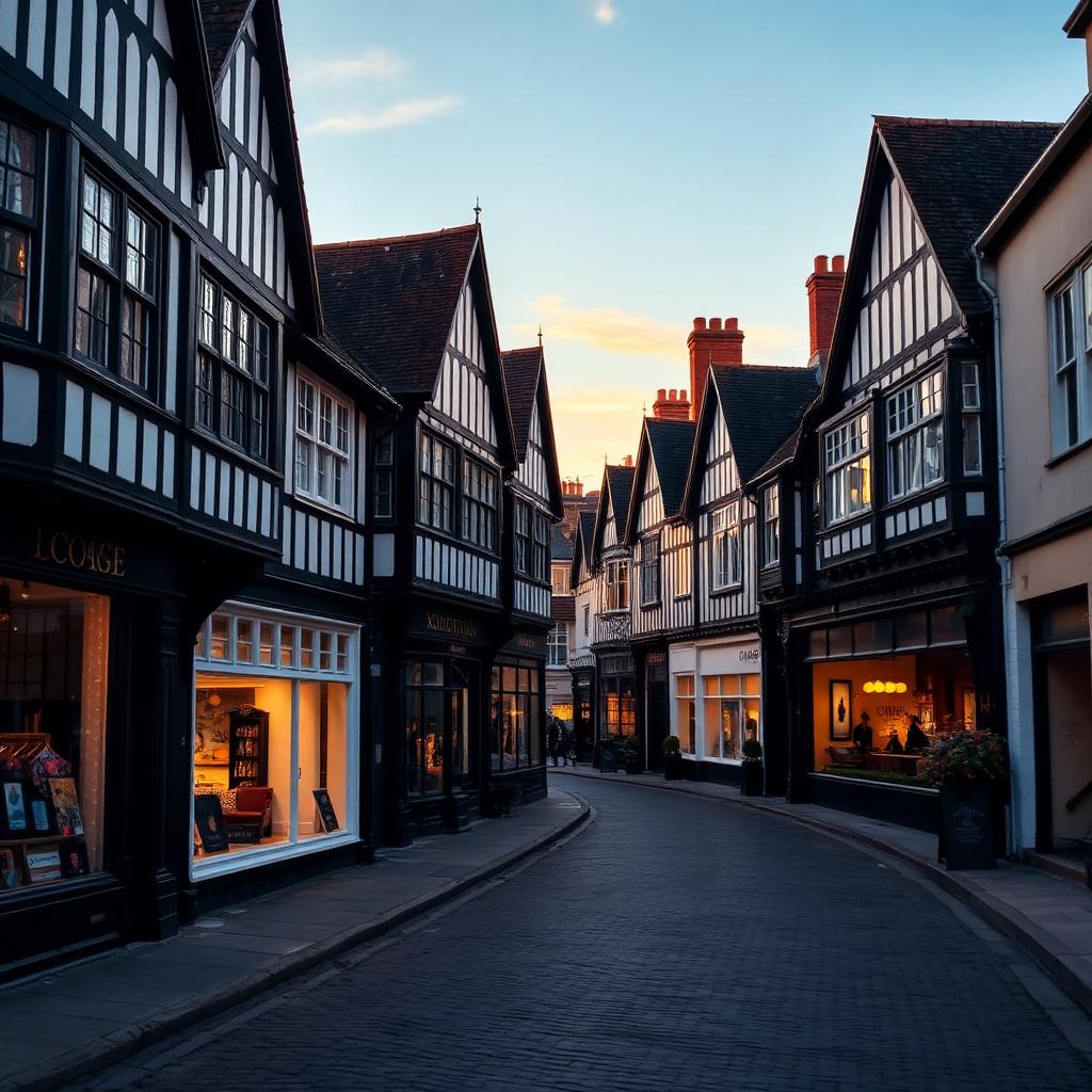 Historic Knutsford town centre in Cheshire with black-and-white Tudor-style shopfronts on King Street at golden hour