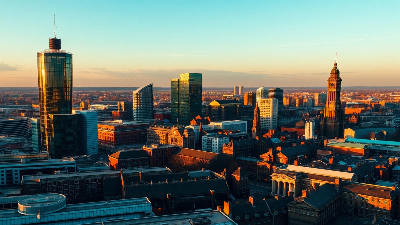 Aerial view of the Manchester skyline showing Beetham Tower and the town hall clock tower at golden hour