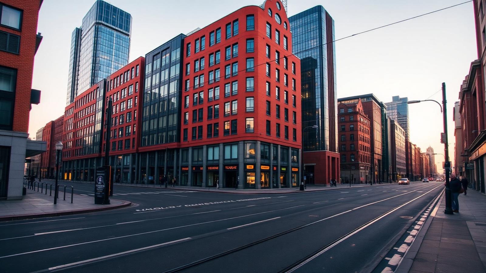 Empty Manchester city-centre street lined with red-brick and glass commercial buildings and tram tracks at dawn