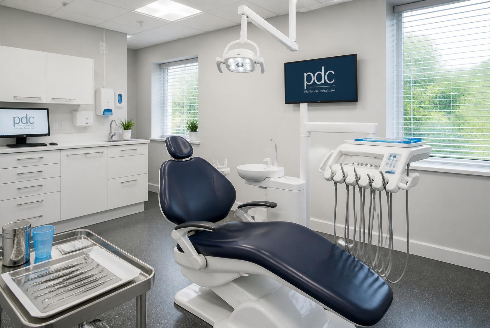 Spotlessly cleaned modern UK dental practice treatment room with polished chair, sterile instruments and gleaming floor