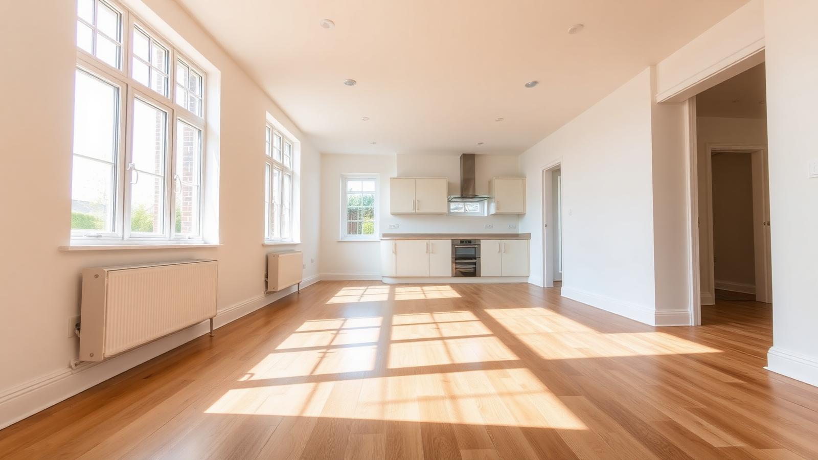 Freshly completed UK residential post-build sparkle clean with dust-free skirting, spotless windows and gleaming hardwood floor ready for handover