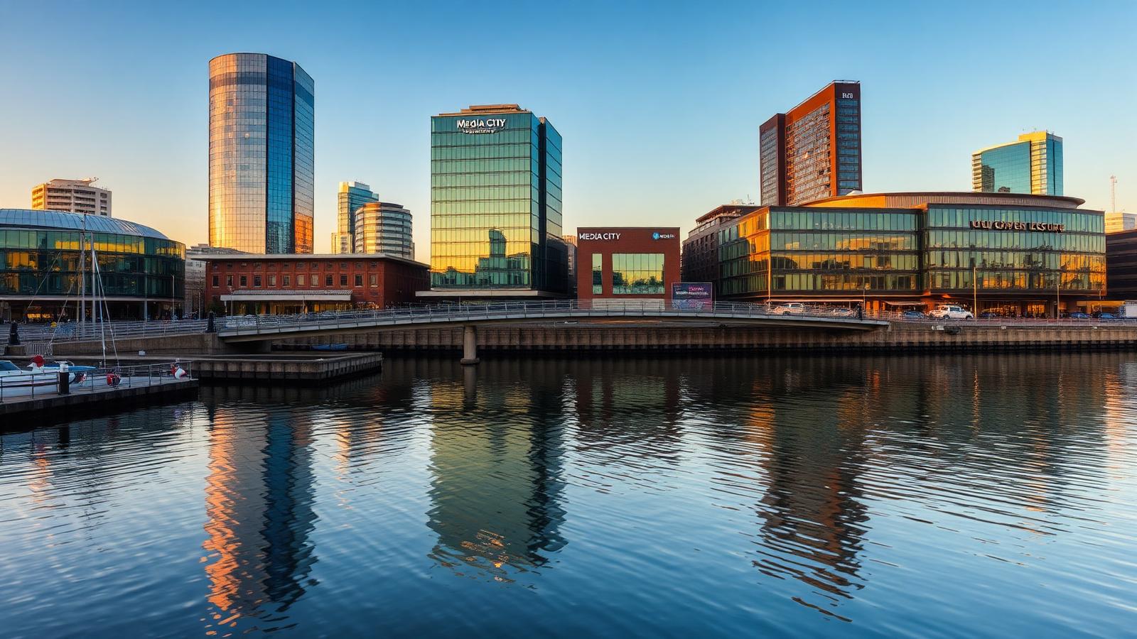 Salford Quays waterfront at golden hour with modern glass office buildings reflected in calm dock water