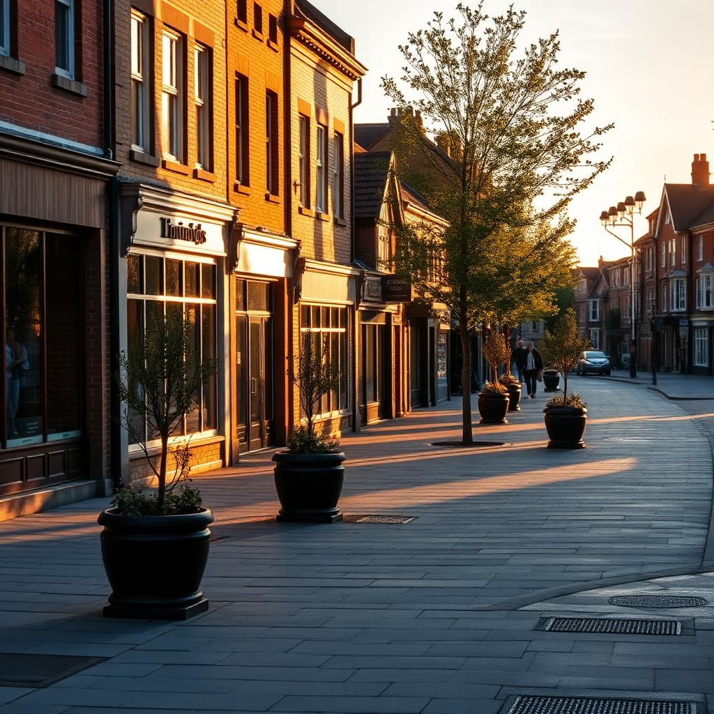 Wilmslow town centre in Cheshire with red-brick and stone shopfronts along Grove Street at golden hour