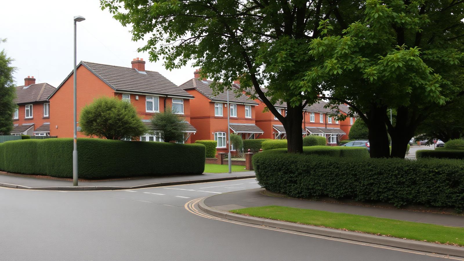 Quiet Wythenshawe garden-suburb residential street with red-brick semi-detached houses and clipped hedges